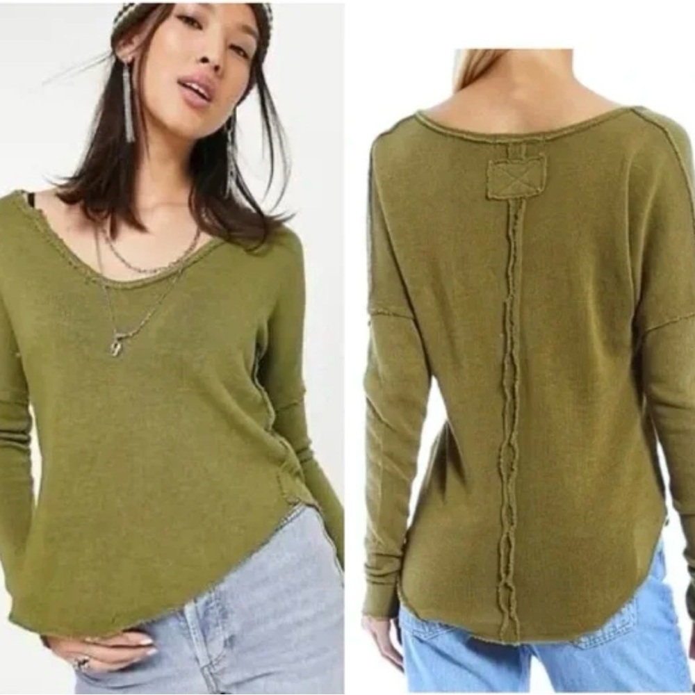 Free People We The Free Come & Get It Olive Green Waffle Knit Top Size Large NEW
